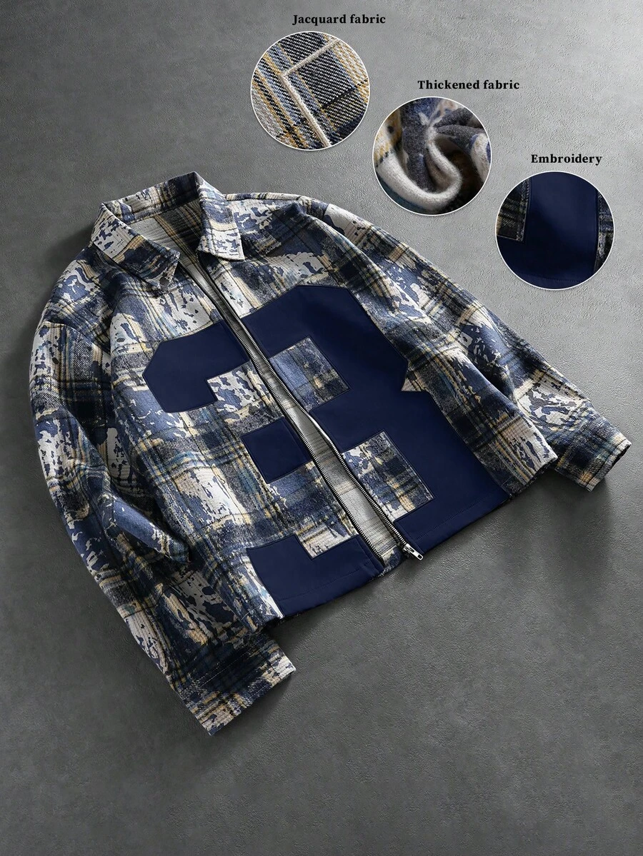 PAVTROS Camisa Xadrez Vintage Masculina, Folgada, Grunge, Manga Longa, Streetwear Camisa Boxy de Manga Longa com Zíper na Frente, Reinterpretação Retrô, Padrão Xadrez Clássico e Desgastado, Acentos Numéricos Minimalistas, Marcante e Moderno, Fusão de Estilos Contemporâneos e Vintage, Adequado para Casual, Streetwear, Outdoor, Festas Temáticas, Looks de Moda, Presentes de Férias, Presentes para Namorado/Marido - Azul Marinho - Visão 1