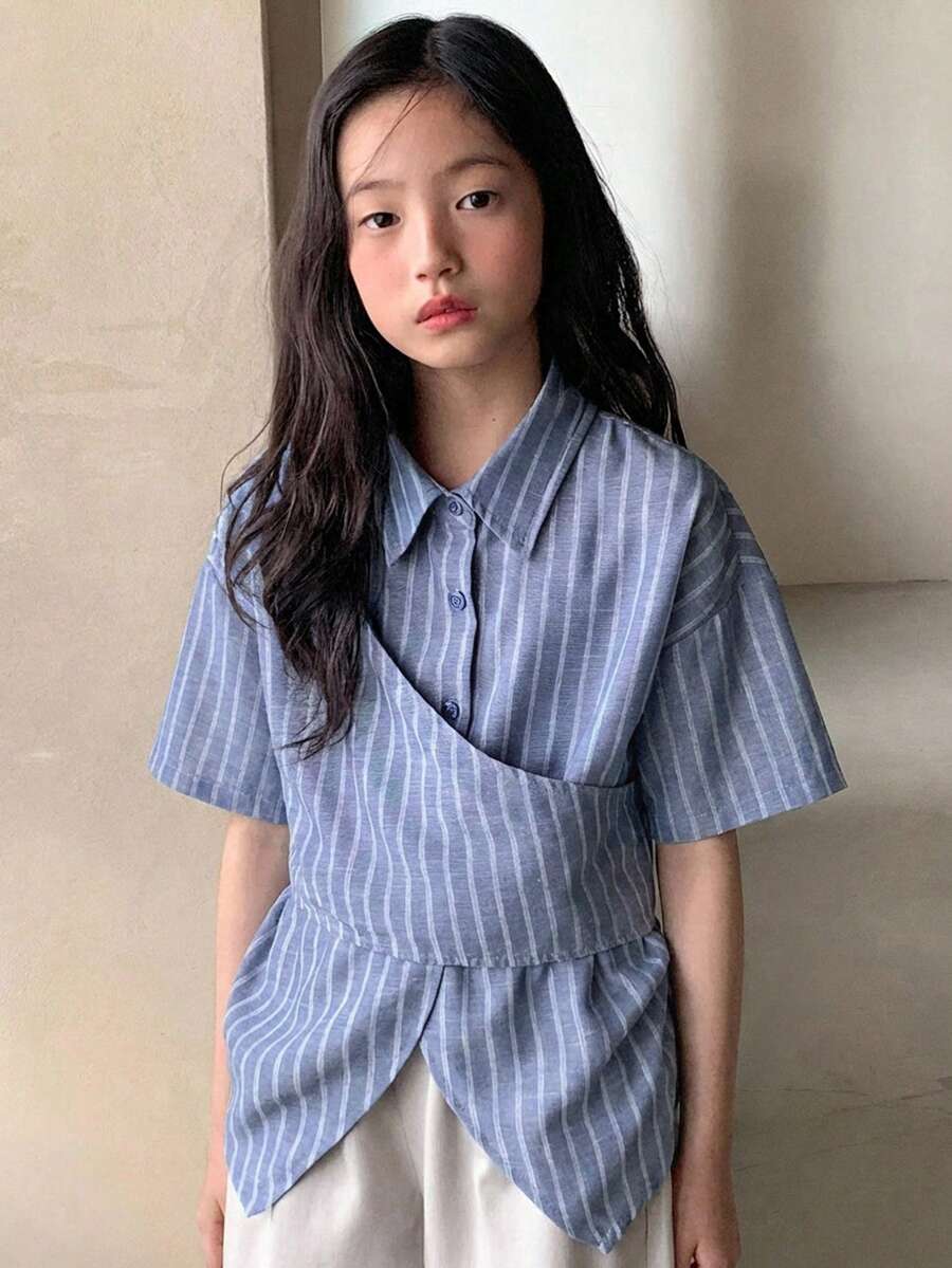 DAZY Chemise tissée à manches longues avec col rabattu et rayures pour préadolescentes - Bleu azur - Voir 1
