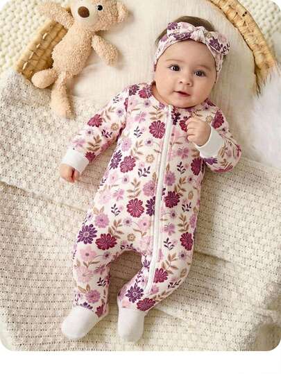新生女婴可爱花卉针织长袖连体衣（带头带），秋冬