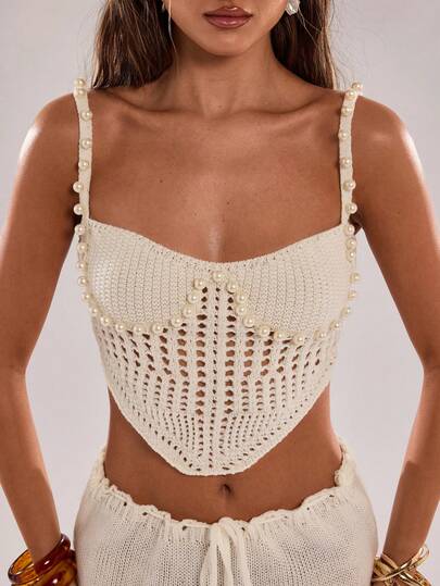 SHEIN BAE Women's Summer Vacation Beach Hollow Out Knit Faux Pearl Decor Cropped Top,New For 2026, Beach Vacation Style. Women's Vacation Wear, Summer Holiday Outfit, Elegant Dress, For Holidays And Vacations. This White Knit Top With Pearl Embellishments Is Perfect For Beach Vacations, Dates, Casual Outings, And All Kinds Of Holiday Activities. Elegant And Sexy, This White Knit Top Is Ideal For Beach Vacations, Seaside Trips, And Beach Dates.