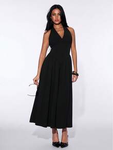 SHEIN ICON Y2k Women's Black Sexy Gown For Prom Night Party Club Princess Solid Color V-Neck Cinched Waist Backless Elegant Halter Long Dress,Spring To Summer Black Vacation Dress Black Sundress Women Black Summer Dress Women Long Black Elegant Dress Black Maxi Dress - Black - View 6