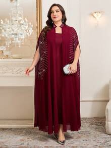 SHEIN Clasi Bộ 2 món thanh lịch dành cho nữ cỡ lớn, gồm áo choàng và váy lót tay cánh dơi đính đá. - Màu xanh hải quân - Xem 5