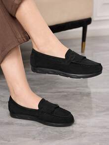 Sleekvia 女士鞋履 春秋新款黑色绒面软底流苏休闲针织鞋 舒适通勤一脚蹬乐福鞋 女士平底鞋 - 黑色 - 查看 4