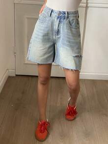 DAZY High Waisted Distressed Frayed Flare Leg Denim Shorts For Women Jorts - Light Wash - View 5