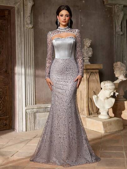Aureia Elegante, romántico, de moda, digno vestido de fiesta elegante con dobladillo de cola de pez, decoración de lentejuelas de satén elástico gris, vestido de invitada de boda, vestido gris, elegante y de moda vestido de gala formal para invitada de boda