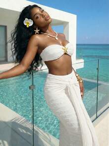 Slaydiva 夏季时尚基础款，百搭休闲又不失优雅，适合度假、旅行、海滩、海边、泳池、游艇、日光浴等场合，甜美可爱，休闲又不失优雅，蕾丝提花针织面料，金属装饰，露脐无肩带上衣搭配系腰长裙，女士两件套 - E - 白色 - 查看 10