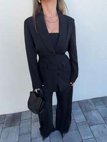 Jeta Ari 3pcs Women's Brown Shawl Neck Suit Set, Women's Casual Commuter Versatile Suit Set, Suitable For Office, Commute, Outing, Loose Casual Suit Set Blazer Set Women Women S Suit Set - Black - View 3