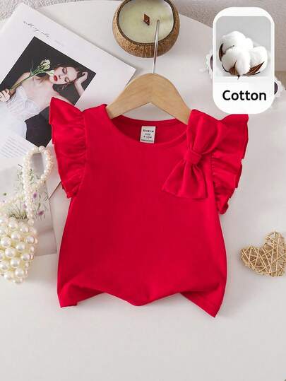 SHEIN Cute Baby Girls Knitted Red Bow Decor Short Cap Sleeve Top, Versatile For Summer