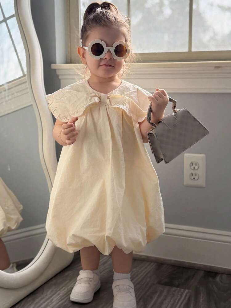 Baby Girls' Solid Color Bow Decor Puff Sleeve Casual Korean Style Dress Summer Toddler Girls Clothes