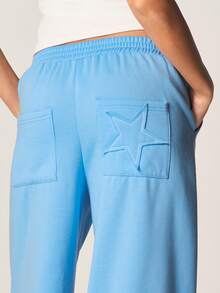 MISSGUIDED Women's Relaxed Wide Leg Star Applique Jogger Sweatpants With Elastic Waist And Back Pocket Detail - Blue - View 5