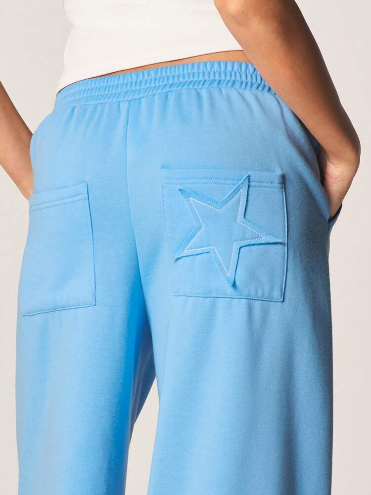 MISSGUIDED Women's Relaxed Wide Leg Star Applique Jogger Sweatpants With Elastic Waist And Back Pocket Detail