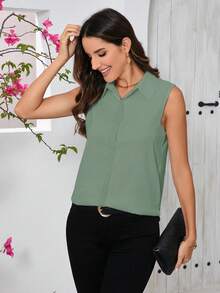 SHEIN Clasi Chemise sans manches décontractée et polyvalente à boutons devant pour femmes, couleur unie - Vert menthe - Voir 3