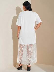SHEIN Tall CURVE 大码纯色宽松休闲短袖T恤蕾丝连衣裙，时尚百搭，适合外出和通勤。 - 白色 - 查看 2