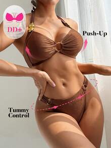 Voyashape 新款亮棕色面料金色点缀系带露背性感时尚度假女士比基尼套装 - 棕色 - 查看 1