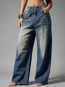 Denimoi Studded Washed Denim Jeans Straight Leg Jeans Fashionable Streetwear Statement Jeans - Medium Wash - View 1