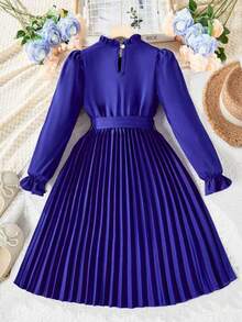 Tween Girl 纯色前系带长袖褶皱简约休闲连衣裙 - 寶藍色 - 查看 2