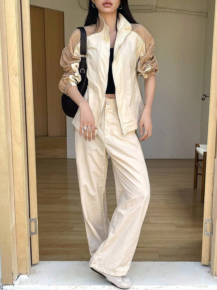 Women's Casual Contrast Color Patchwork Jacket And Wide Leg Pants 2 Pieces Set, Spring