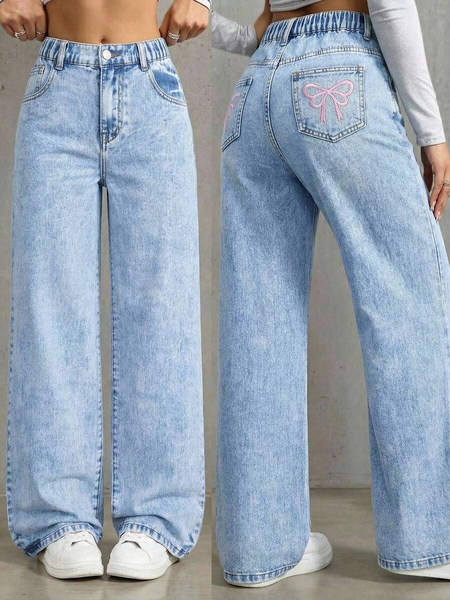 SHEIN ChillGRL Tween Girls Y2K Style Jeans, Casual Fashion Simple Versatile Jeans, Cute Bow Print, Retro Light Wash Blue Straight Leg Denim Pants - Light Wash - View 1