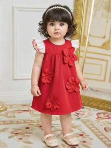 Đầm bé gái dáng chữ A tay ngắn phối màu organza, kiểu dáng thanh lịch, họa tiết hoa 3D, họa tiết tương phản, màu đỏ. - Đỏ - Xem 6