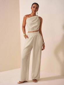 Zivah New Summer New Music Festival, Easter, Mother's Day, Western Style, Nomadic Style, Birthday Party, Graduation Season, Student Wear, Daily Outing, Basic Versatile, Casual, Vacation, Cruise Travel, Beach, Sunbathing, Viral Hit, Elegant, Commute, Business Casual, One-Shoulder, Twist, Asymmetrical Shoulder, Open Back, Cropped Women's Top And Straight Loose Pants, Frill Hem, Pockets, Textured Fabric, White, Women 2 Pieces Set - Apricot - View 5