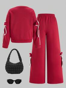 2pcs/Set Tween Girls Red And White Striped Wide Leg Pants Set,Cute School Autumn Petal Sleeve Bow Top,Loose Casual Stylish Colorblock Gathering Outfit - Burgundy - View 2
