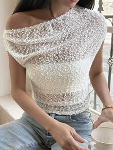 DAZY 女士纹理面料褶皱斜肩短袖优雅T恤 - 白色 - 查看 2