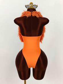 Amplova Wine Red Fluffy Halter Neck Sexy Bodysuit For Party - Orange - View 2