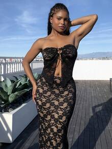 Tyla Gomez 蕾絲抹胸上衣和鉛筆裙 - 黑色 - 查看 5