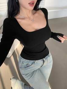 DAZY 女士方领修身休闲T恤，性感舒适，夏季必备 - 黑色 - 查看 4