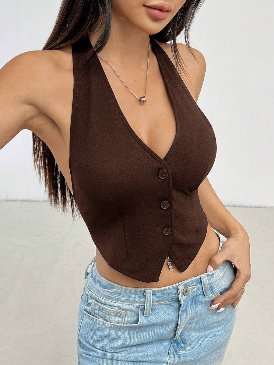 SHEIN PETITE Ladies Solid Color Sleeveless Backless Neck-Hanging Summer Top Halter Top Brown Top ,Petite Women