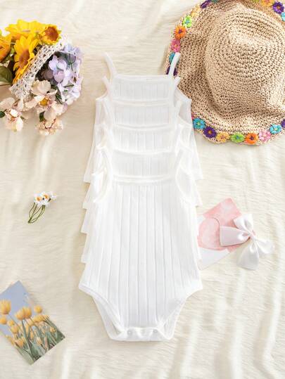 SHEIN 5-Piece Baby Boy Baby Girl Unisex Five-Piece Set: Casual, Simple, Knitted, Comfortable, Stretch, Solid Color, Strappy, Open Crotch Bodysuit, Perfect For Summer