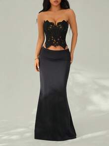 SHEIN PETITE 两件套黑色性感镂空蕾丝薄纱上衣搭配低腰超长缎面半裙，适合约会、婚礼宾客、早午餐、优雅装扮、派对等场合。 - 黑色 - 查看 6