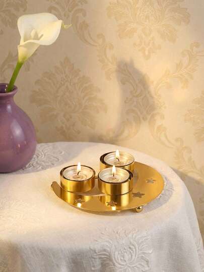 Cirelle 1 pieza Portavelas, Soporte de vela pequeño de hierro con baño de oro para mesa de comedor - Decoración islámica del hogar, Fiesta de Iftar, Boda, Centrotela de estilo marroquí