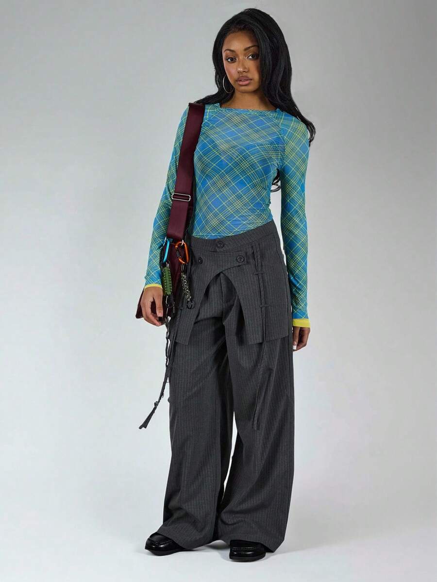 COUREZ 长袖格纹网纱上衣 / Y2K 冬季外出穿搭 性感外出穿搭 夜间外出穿搭 性感 - 淺藍色 - 查看 1