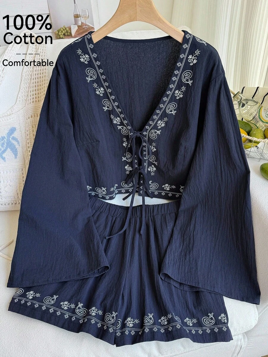SHEIN Comfortcana 春夏藏蓝色波西米亚风腰果印花系带衬衫短裤休闲度假大码两件套 - 藏蓝色 - 查看 1
