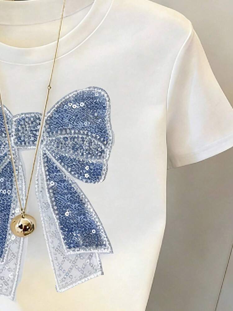 1pc Teen Girl White T-Shirt, Colorblock Sequin Bow Print Casual Minimalist Short Sleeve Tee, Suitable For Summer - White - View 4