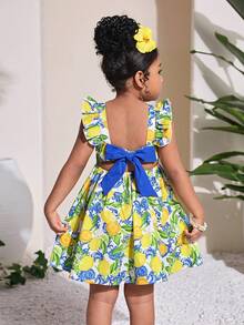 女童柠檬印花镂空蝴蝶结腰部休闲连衣裙，时尚百搭，适合派对、郊游、姐妹合照、公园、露营、度假、日常休闲穿着 - 黃色 - 查看 1