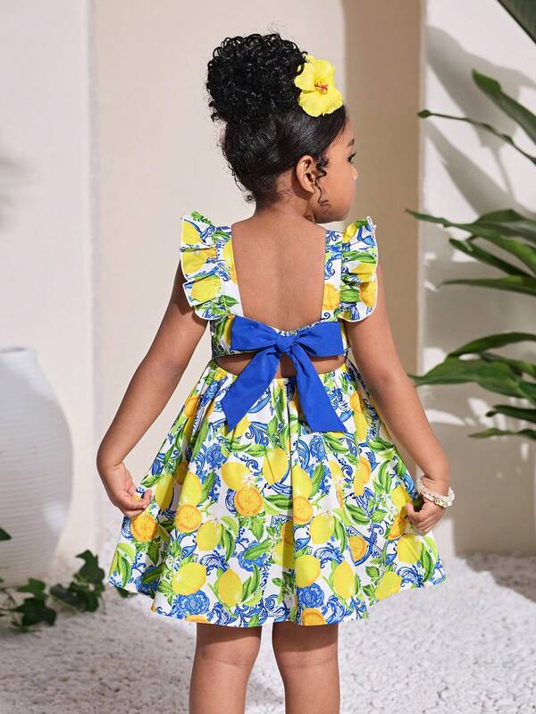 Young Girls Lemon Print Hollow Out Bowknot Waist Casual Dress,White,Summer,Matching,Family Vacation,Holiday,Fashionable Versatile Kids Party Outing