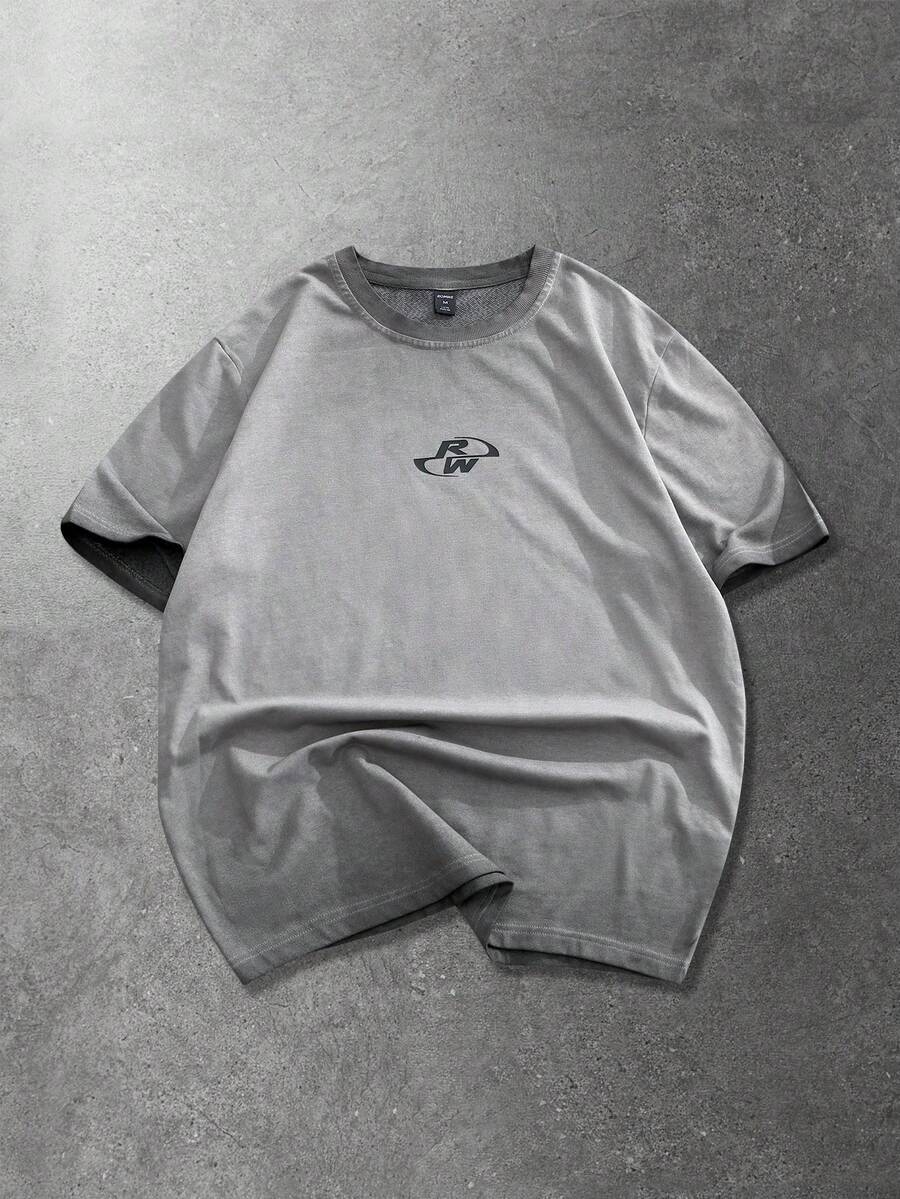 ROMWE MEN Men's Graphic Print Round Neck Casual Versatile Short Sleeve T-Shirt - Grey - View 1