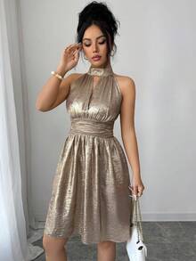 SHEIN Raffinéa Vestido corto elegante de mujer con cintura calada en línea A, cuello halter, adecuado para salidas y citas, primavera/verano - Dorado - Ver 8