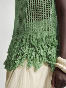 Ontre 2026 New Vacation Style Bohemian Women's Clothing, Fringe Hem Hollow Out Knit Sleeveless Top, Linen Pullover Knit Tank Top, V-Neck Design Vacation Style Ladies Vacation Outfit Country Music Festival Bohemian Clothing Beach Clothing, All Season  Ins Celebrity Same Style Vacation Style, Exotic Atmosphere, Country Concert, Western Style Clothing, High-Grade Fabric, Comfortable And Breathable Bohemian Style Vacation Wear - Green - View 6