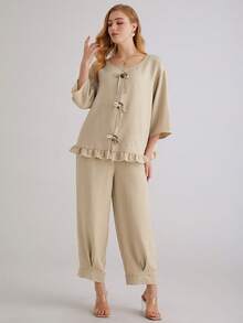 Parysyn 大号编织休闲度假秋季两件套 - 杏色 - 查看 6