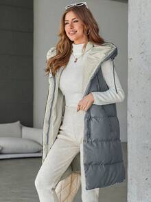 SHEIN Cottnline Women's Solid Color Zipper Design Mid-length Hooded Vest -padded Jacket - Grey - View 7