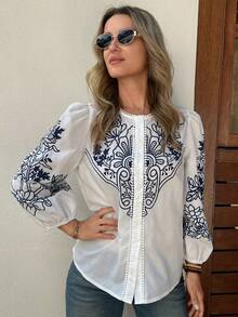 Vivie Lora Women's Loose Fit Round Neck Print Elegant Vacation Blouse - Navy Blue - View 5