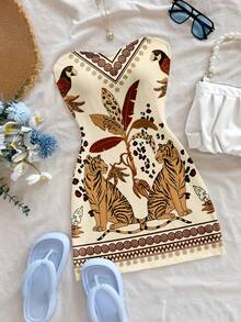 Soleia Casual Vacation Style Apricot Background Parrot Tiger Animal Coconut Tree Geometric Combination Retro Pattern Placement Print Women Mini Dress, Suitable For Spring/Summer Vacation - Multicolor - View 1