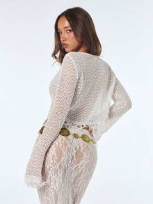 SHEIN ICON Áo croptop gợi cảm cho nữ, thích hợp đi nghỉ mát, xem hòa nhạc, Coachella, màu trơn, cổ tròn, tay áo tua rua, thích hợp cho mùa xuân đến hè. - trắng - Xem 2