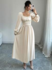 Modelyn 女士杏色梭织长袖褶裥A字优雅连衣裙，春夏款 - 杏色 - 查看 7