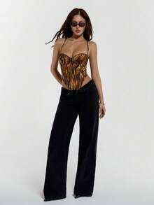 SHEIN ICON 夏季女士西部波西米亚嬉皮哥特风外出科切拉音乐会俱乐部动物纹性感时尚街头别致虎纹高开衩连体衣，夏季 - 彩色 - 查看 6