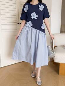 Teenage Girls' Navy Blue Summer Cute Round Neck Short Sleeve A-Line Patchwork Striped Cotton Dress,Handmade 3D Flower Decor,Party Prom School Wear - Blue - View 4