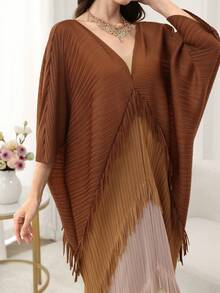 Al Najma Đầm phối màu be tay lửng cổ chữ V xếp ly tua rua dành cho nữ - màu nâu - Xem 4